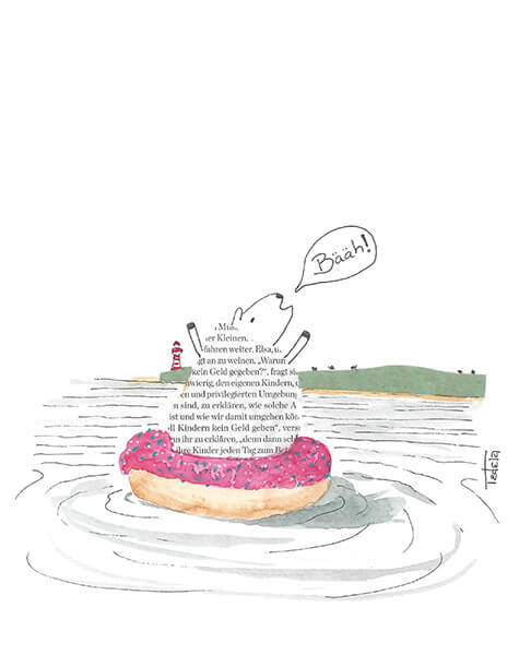 Ein Schaf treibt auf dem Meer in einem Doughnut als Rettungsring und blökt um Hilfe. Am Horizont befindet sich ein Strand mit Deich, Leuchtturm und 5 winzigenSchafen auf der Krone.